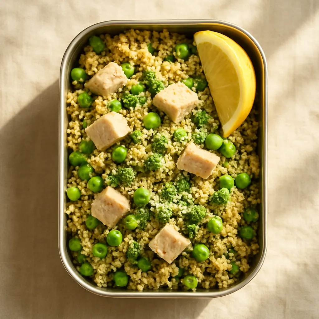 Chicken, pesto and pea couscous pot