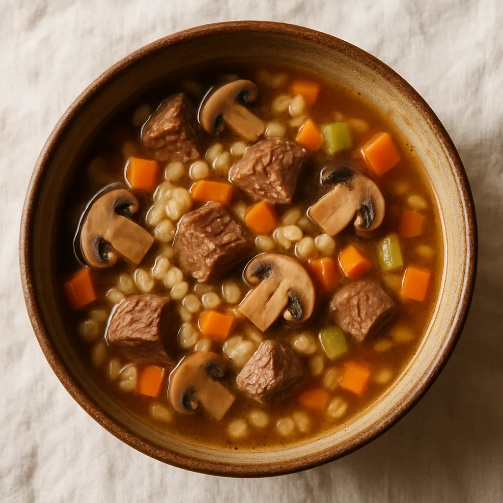 Beef, barley & mushroom soup