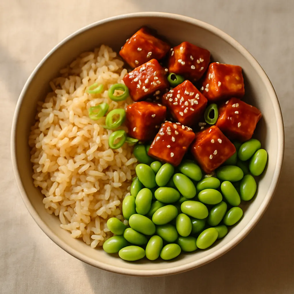 Sticky sesame tofu with edamame rice