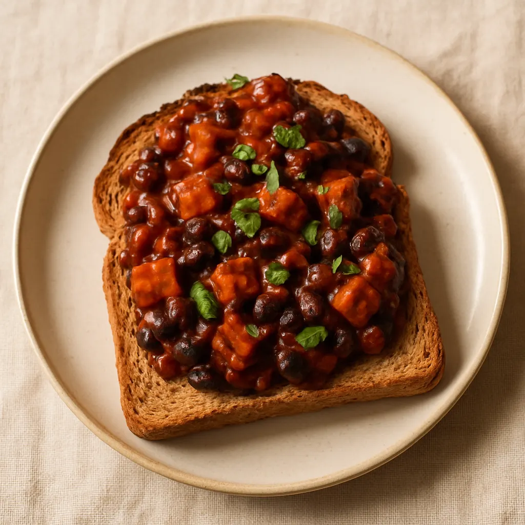 Tempeh and black bean chilli on toast