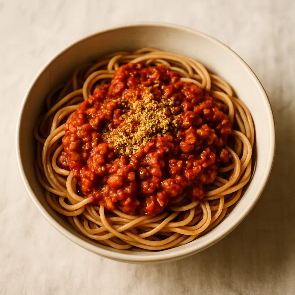 Weeknight soya mince ragù with wholewheat pasta