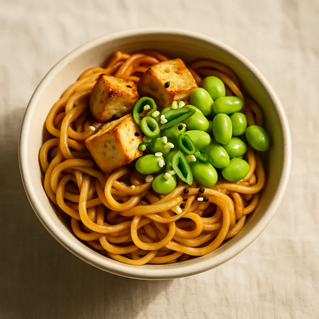 Tofu satay noodles with edamame