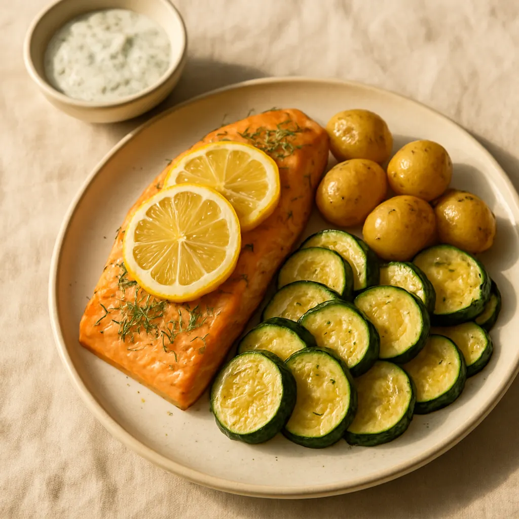 Lemon‑dill salmon with courgettes and yoghurt sauce